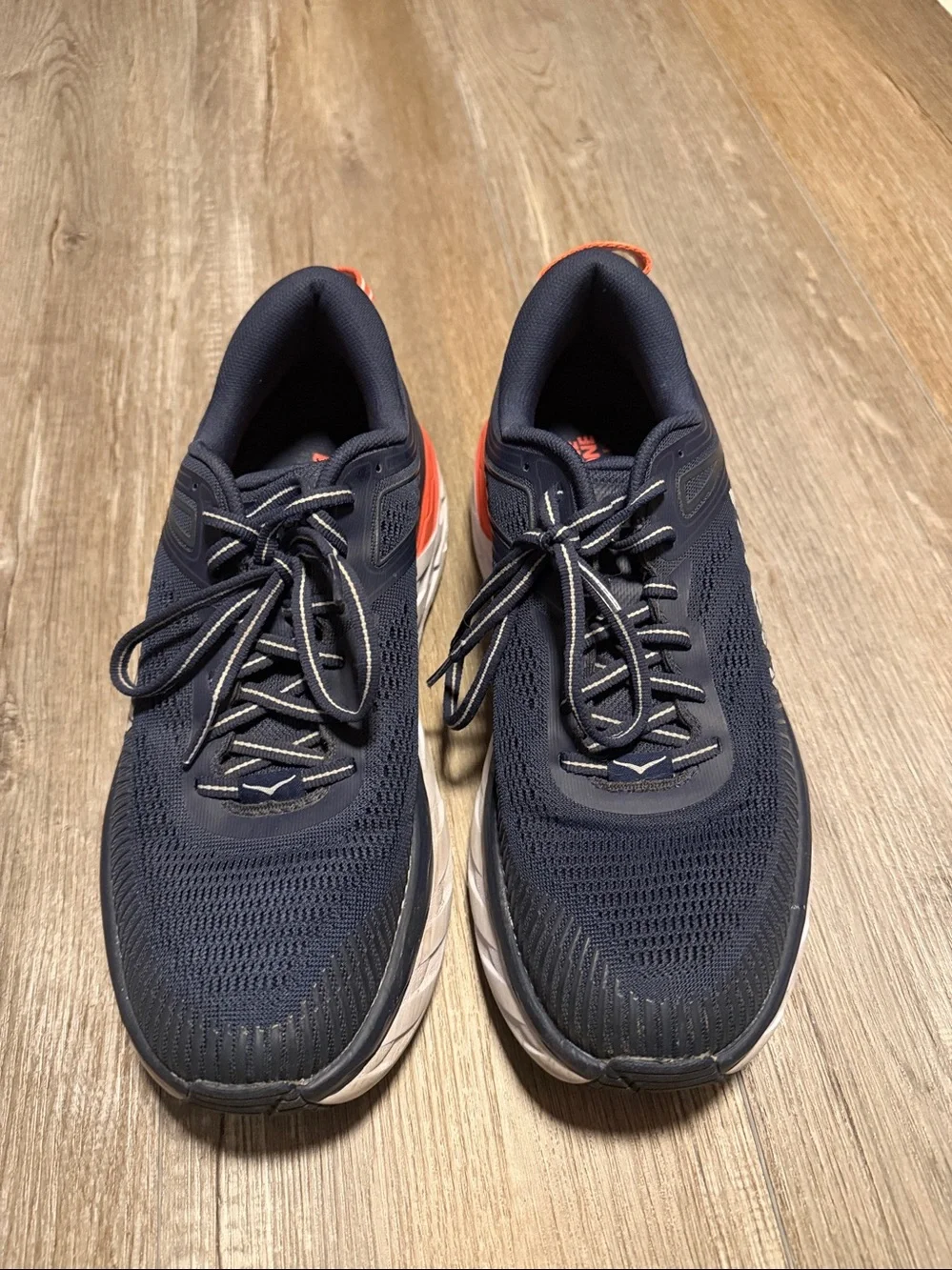 Hoka Bondi 7 Navy Athletic Shoes with Coral Accent